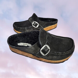 Birkenstock Buckley Black Suede Fuzzy Warm Buckle Slide On Clog Mule Loafer Sz 6